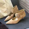 Sapatos femininos de bico fino com corte baixo estilo francês 2026 Novidade de Outono botas de salto alto bico fino com fivela versão em couro macio sapatos Mary Jane