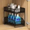 Organizador de Fregadero Extraíble Tocador de Baño Caja de Almacenamiento Debajo del Fregadero Múltiples Niveles Lavabo de Inodoro Cesta Desplegable Estante Escalonado