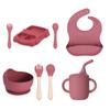 Prato de jantar de silicone para bebê novo de fábrica, conjunto de talheres com ventosa grande, 8 peças, prato de jantar de silicone com tema de carro de desenho animado para crianças