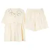 [Algodón Puro] Nuevo Estilo Verano 2026 Pijama para Mujer, Shorts de Manga Corta, Cuello Peter Pan Floral, Flores Bordadas, Ropa de Casa