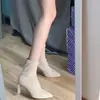 Botas de tornozelo nude de salto alto para mulheres, estilo coreano, novo modelo outono e inverno 2026, bico fino, salto grosso, sem cadarço, botas justas de camurça elástica
