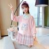Vestido de Manga Larga para Niñas Primavera y Otoño Nuevo Vestido Suéter Vestido de Princesa para Niños Vestido de Dos Piezas Falso Estilo Universitario para Niños Grandes