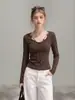 Camiseta feminina de manga longa com amarração estilo Maillard, decote em U vazado, para outono, peça íntima estilosa e que valoriza a silhueta