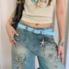Cinto Estilo Americano Y2K Azul Dopamina para Mulheres, Cinto Tecido Vazado de Designer com Acessórios Decorativos para Jeans