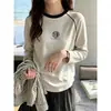 Camiseta de algodón puro con bloques de color y mangas raglán largas para mujer, capa base de otoño, moderna y adelgazante, top interior estampado elegante