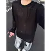 Camiseta masculina de manga longa preta, proteção solar, secagem rápida, design casual relaxado para outono, top transparente vazado de alta qualidade