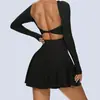 Vestido de Tenis Sexy sin Espalda Transfronterizo de una Pieza Deportivo para Correr Anti-Exposición Ropa de Yoga Manga Larga Fitness Falda Corta