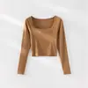 Dropshipping Feminino Primavera e Outono Novo Cor Sólida Slim Fit Gola Quadrada Curto Cropped Versátil Base Manga Longa Top