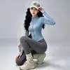 Conjunto de ropa de yoga y fitness profesional, chaqueta adelgazante de manga larga con cuello alto, pantalones de dos piezas de imitación de cintura alta, ropa deportiva elástica para entrenamiento
