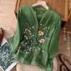 Camisa bordada de linho da mamãe, novo estilo feminino 2024, mistura de algodão e linho, camisa de manga média, top de organza verde, roupa de verão