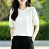 Top feminino de malha com gola redonda e manga curta em seda gelada, novo estilo de verão 2026, cor sólida, vazado, modelagem solta, camiseta básica estilo coreano