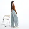 Jeans Feminino 2026 Tendência Azul Claro Bordado Americano Cimitarra Perna Larga Novo Cintura Alta Reta Solto Comprimento Total