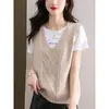 Colete Tricotado Feminino Novo Cor Sólida Gola V Curto Primavera e Outono Cardigan Peça de Inverno Sem Mangas Suéter Tricô