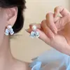 Pendientes de Lazo con Gradiente Azul y Perlas para Mujer, Estilo Bosque, Exquisitos, Lujo Ligero, Alto Valor Estético, Accesorios Versátiles y Elegantes
