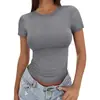 2025 Casual de Verão Versátil Ajustado Gola Redonda Alta Camiseta Manga Curta Slim Estilo Hot Girl Europeu e Americano Tops Efeito Emagrecedor