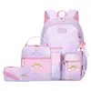 Mochila Escolar de Comercio Exterior Transfronterizo para Estudiantes, Lindo Set de Mochila de Tres Piezas para Niñas, Mochila con Tema de Arcoíris de Dibujos Animados para Reducir la Carga
