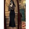 Vestido Transfronteiriço de Decote V Estilo Coreano para Mulheres, Novo Top de Manga Comprida com Nó Torcido + Saia Fishtail com Fenda, Conjunto Elegante de Duas Peças