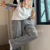 Pantalones de pijama de algodón y seda para casa de verano, longitud de nueve puntos, talla grande, pantalones casuales holgados a cuadros para casa, cómodos 05