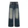Jeans Rectos Estilo Americano con Bigotes de Gato para Hombre, Corte Holgado, Lavados y Desgastados, Bloques de Color, Pantalones de Pierna Ancha con Estilo Urbano