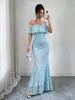 Vestido de noite longo de cauda de sereia com renda, ombro a ombro, transfronteiriço, para mulheres, com babados, ombros à mostra, justo, bodycon