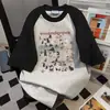Camiseta de Manga Curta Estampada de Desenho Animado Vintage Patchwork de Cor Contrastante Verão Casual Solta Estilo Casal Versátil Roupa de Trabalho Top