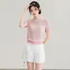 2612407-12 Tricô com Agulha Tridimensional Vazado Fio de Tencel Linho Estilo Romântico com Recortes Manga Curta para Mulheres Estilo Verão
