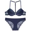 Fivela frontal azul safira alça em Y renda do sutiã conjunto de lingerie feminina