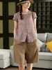 Camisa de Sarja de Rami Leve Respirável com Gola Volumosa, Estilo Artístico Novo de Verão, Corte Solto, Emagrecedor, Top Versátil Casual
