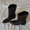 Botas de montar de piel de oveja estilo retro western francés con tacón grueso y punta fina, para mujer, de pierna ancha, adelgazantes, sencillas, de media pantorrilla