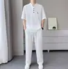 Traje Nuevo Estilo Chino Delgado de Verano para Hombre, Conjunto de Dos Piezas Hanfu Casual Simple con Cuello en V Botones y Mangas Cortas