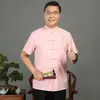 Estilo Étnico Manga Curta Roupa Tang Masculina Top Retrô Tamanho Grande Solto Manga Meia-manga Top com Botão para Verão Fino