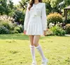 Calcetines Blancos hasta la Pantorrilla con Adorno de Encaje para Mujer, Estilo Lolita con Lazo, Lindos Calcetines Japoneses JK hasta la Rodilla