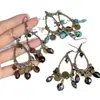 Brincos de Gancho com Pingente de Pedra Padrão de Água Flor Redonda Gota d'Água de Bambu Estilo Étnico Retrô Brincos de Design de Nicho para Mulheres