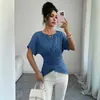 AliExpress moda transfronteriza elegante cuello redondo wrap-around de cuentas color liso manga corta top corto atado a la cintura