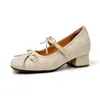 Sapatos Femininos de Salto Grosso com Alça Única e Laço Aumento de Altura 7cm Novo Estilo Doce 2026 Sapatos Mary Jane Acolchoados com Bico Quadrado