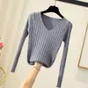 Suéter de Punto Acanalado Ajustado de Otoño/Invierno Nuevo para Mujer, Top Base de Punto Ajustado de Color Sólido con Mangas Largas