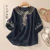 Camisa bordada nova de algodão e linho vintage, slim fit de verão, artística, manga curta, solta, top camiseta pulôver versátil