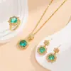 Popular y moderno conjunto de joyería para mujer con una piedra principal de color dorado y verde azulado, que incluye un collar, pendientes y un anillo - Suministro al por mayor para ventas transfronterizas