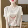 Camiseta de verão casual estampada com desenho, gola redonda, manga curta, de Lyocell, caimento solto, alta qualidade, respirável, para mulheres