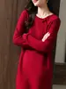 Nuevo Vestido de Lana Liso con Lentejuelas y Hebilla Estilo Chino para Mujer Otoño e Invierno Vestido Suéter de Longitud Media Vestido Cheongsam de Punto Ajustado