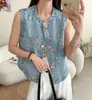 Chaleco vaquero bordado floral estilo commuter para mujer, nuevo modelo verano 2026, chaleco exterior sin mangas de cuello redondo de un solo botón, lujo ligero