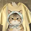 Camiseta de Algodão Puro Manga Curta Estilo Retro Japonês de Verão para Homens e Mulheres 2026 Nova Estampa de Gato Roupas de Casal para Estudantes do Ensino Médio