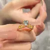 Princesa Sirena Corazón de Amor Corona Azul Marino en Forma de Corazón Anillo Abierto Ajustable Diseño de Nicho Moda de Lujo Ligero para Mujeres