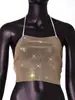 Top de red sexy con pedrería YYF, Amazon transfronterizo, diseño calado, sin espalda, top halter sexy, malla brillante con pedrería
