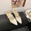 2026 sapatos femininos de salto baixo estilo novo com strass pontiagudos, adequados para combinar com saias, sapatos Mary Jane com saltos grossos, versáteis para primavera e outono