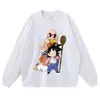 Camiseta de manga corta estilo callejero europeo y americano, acabado desgastado, corte holgado, camiseta con estampado de anime, manga larga