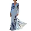 2026 Novo Estilo Europeu e Americano Vestido Longo Floral Azul Estação Independente Transfronteiriça Elegante Temperamento Vestido de Baile Vestido de Noite Mulheres