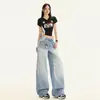 Jeans Retro Americanos de Pierna Ancha para Mujer, Principios de Otoño de Tiro Alto Casual Versátil Pantalones Rectos, Pantalones Lavados Sueltos Desgastados de Longitud Completa