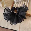 Scrunchie Branco de Renda Vazada Quadrado Estilo Francês para Cabelo, Prendedor Grande com Laço e Flor de Fita