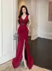 Vestido largo sin mangas de encaje con escote en V, plisado retorcido, con abertura alta y corte de sirena, ajustado y moldeador de figura, para banquetes y fiestas
